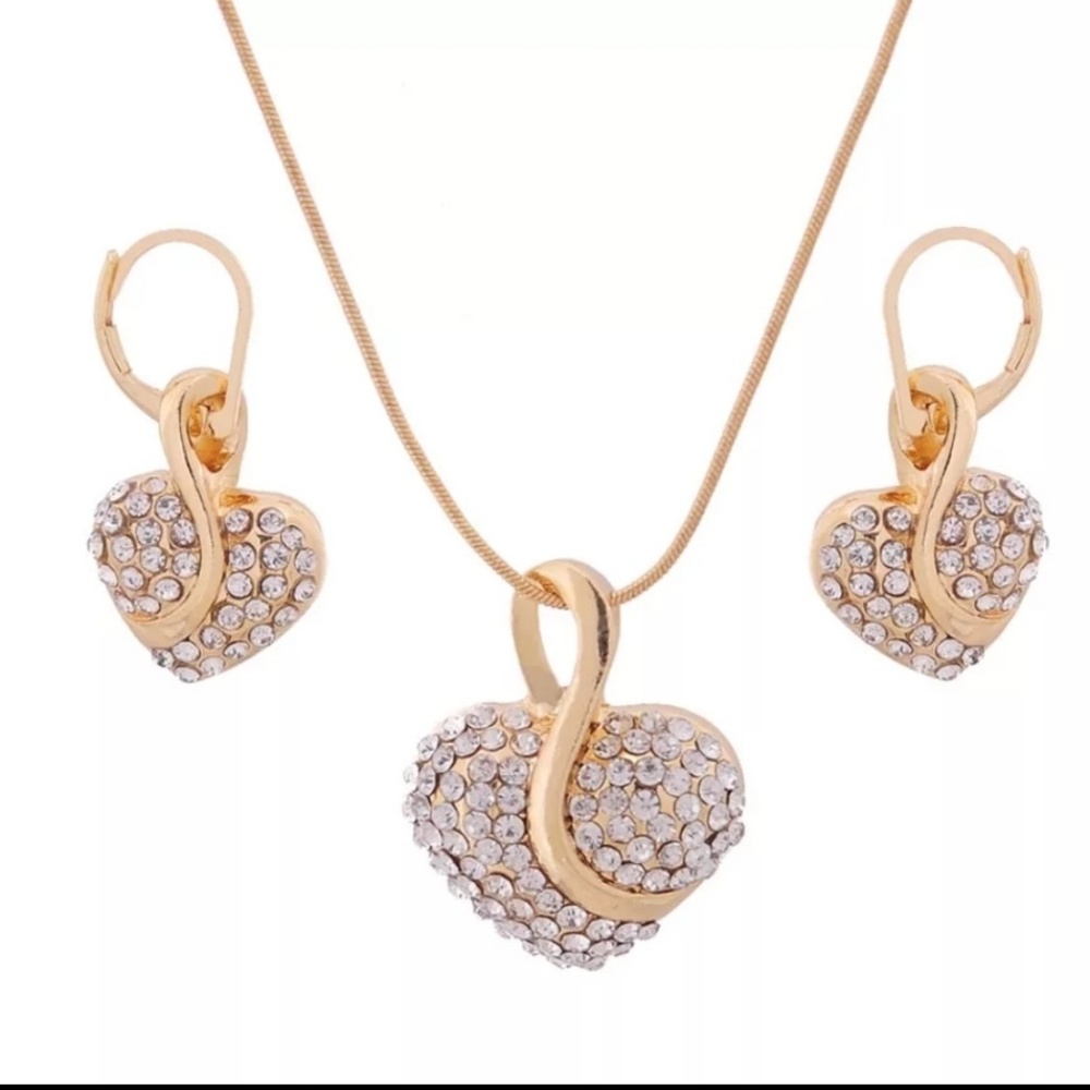 Gold necklace and earring set with rhinestones